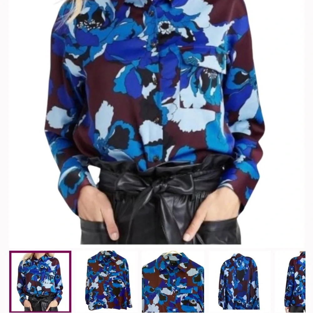 Who What Wear Blue and Purple Floral Button Down Shirt - Picture 1 of 4